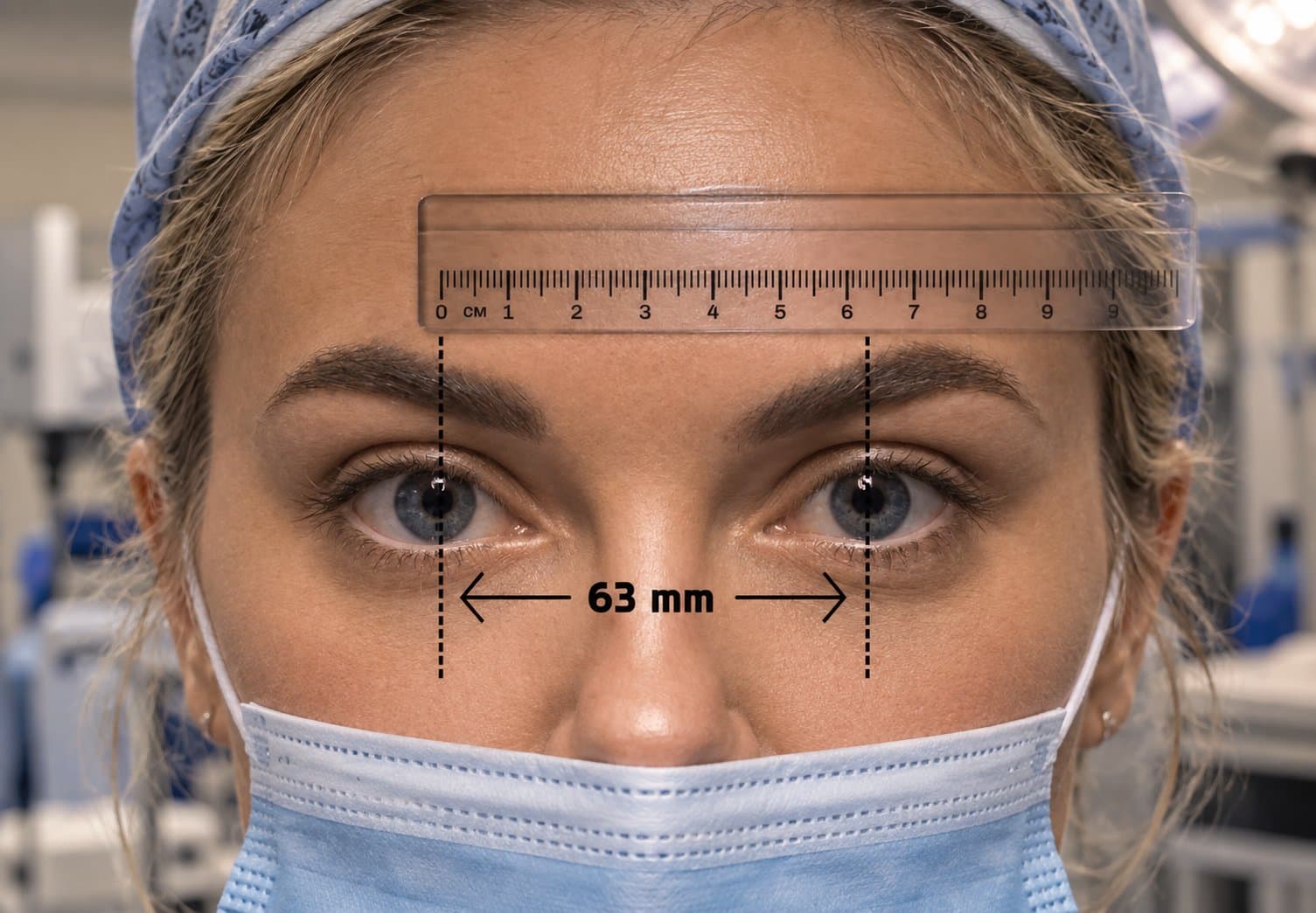 Clinician in a surgical cap holding a millimetre ruler across her brow, with pupil centres marked 63 mm apart