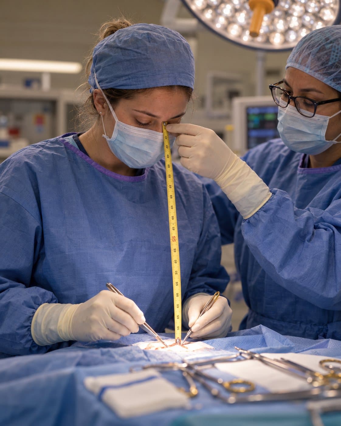 Surgeon at the operating table while a colleague holds a tape measure from her nasal radix down to her instrument tips